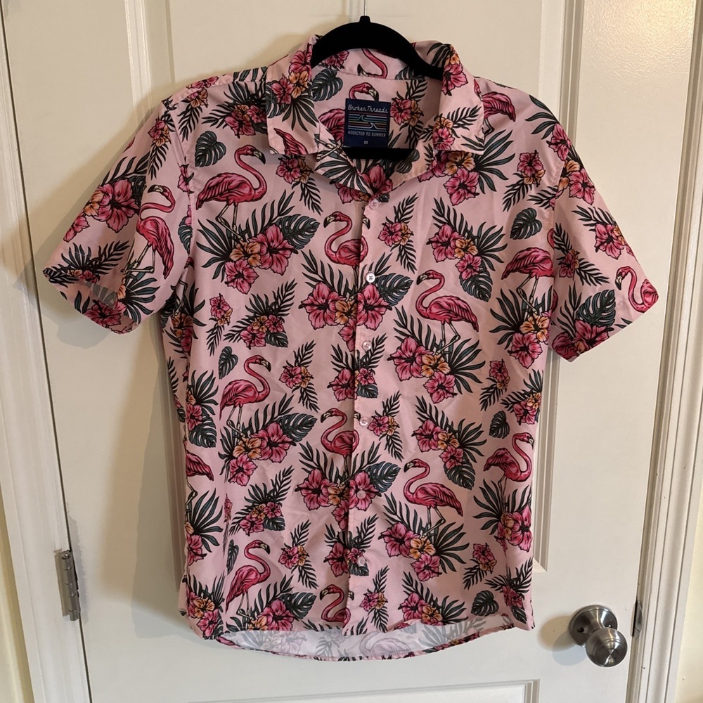 Vintage Broken Threads Men's Size Medium Hawaiian Shirt Tropical Pink Flamingos